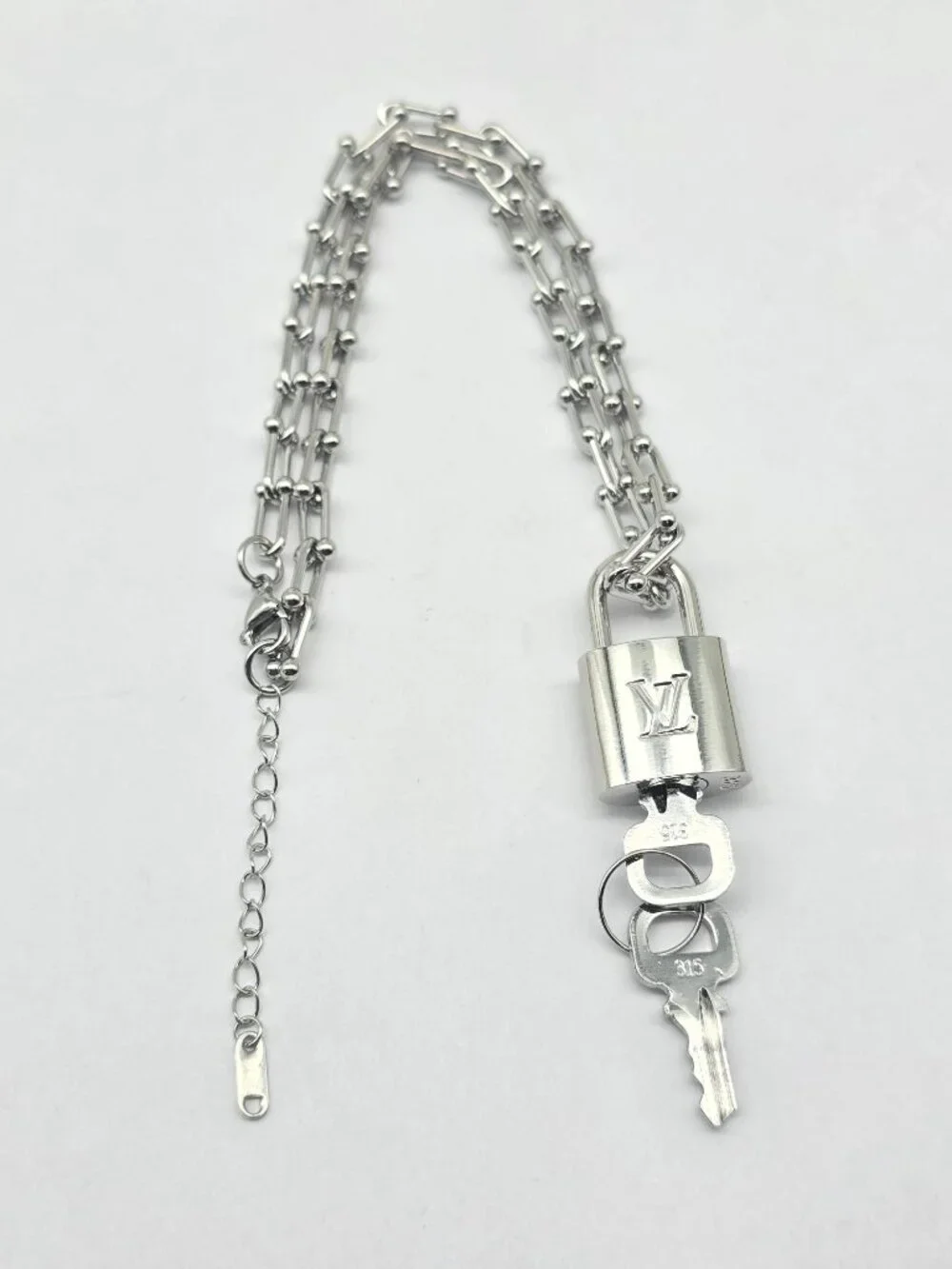 Stainless Steel Horse Shoe Chain with Authentic Louis Vuitton Silver Padlock